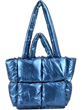Women's Blue Quilted Polyester Lightweight Zipper Luxury Tote Shoulder Handbag